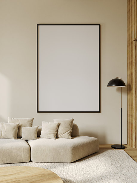 米色内饰，带靠垫的沙发，空白相框，地毯，墙板，落地灯和装饰品。3D渲染插画模型图片下载