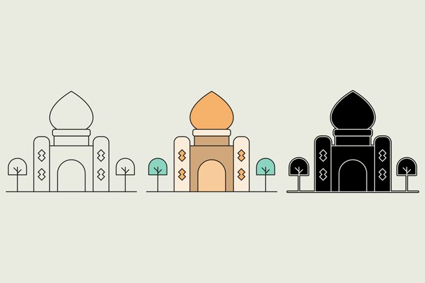 三种风格的清真寺插画。极简而独特的清真寺，结合了棕色、奶油色和橙色。矢量插画。图片下载