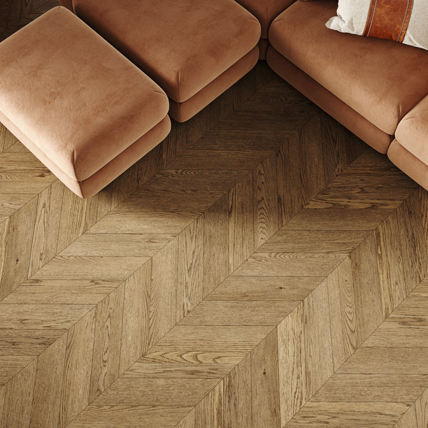 带沙发的锯齿形和人字形地板展示。俯视。三维渲染插画模型。图片下载