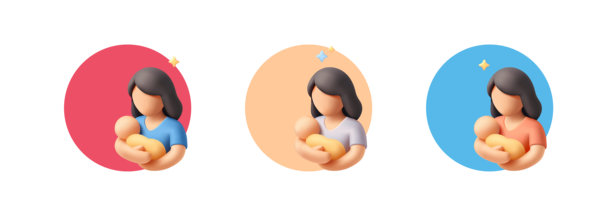 妈妈和宝宝，圆标签上的可爱极简3D插画集。适用于母性、新生儿、母亲节、爱、关怀等概念。矢量插画。图片下载