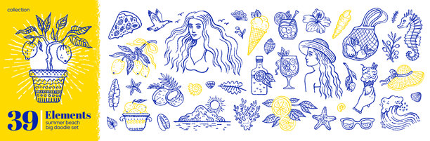 地中海度假涂鸦。夏季海滩与美食插画。地中海意大利、希腊图标。意大利阿马尔菲柠檬、葡萄酒、美食、海岸。涂鸦夏季度假草图。手绘海滩背景图片下载