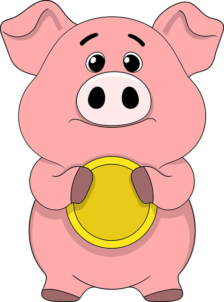 可爱的小猪抱着金币的投资插画图片下载