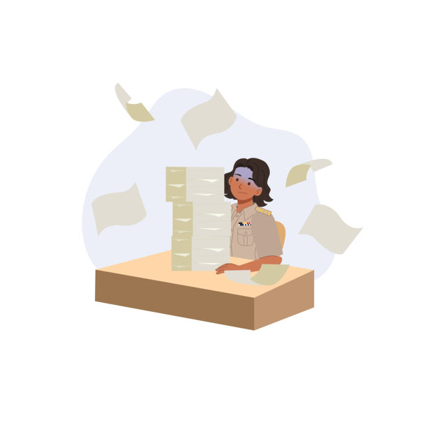 公务员在公共部门办公室面临文书堆积如山的插画图片下载