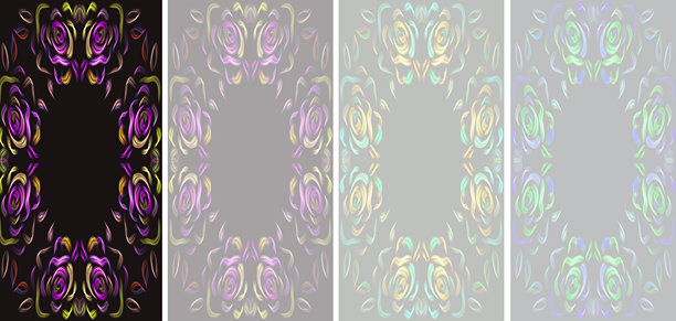 深色背景上的垂直花卉抽象画框集，手绘发光玫瑰装饰，带有鲜艳的霓虹灯轮廓和中央空白空间图片下载