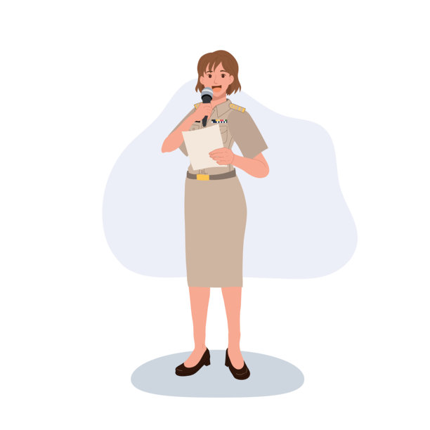 政府官员女警官身着制服，手持麦克风讲话的插画图片下载