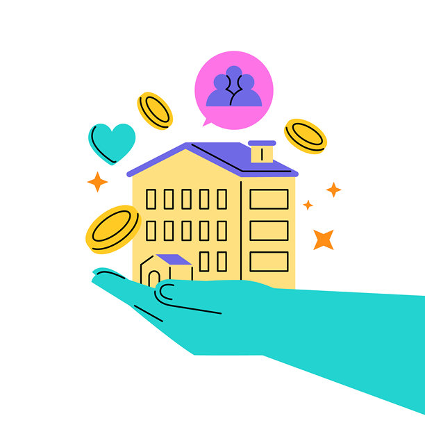 扁平化插画，描绘家庭房地产投资和房屋保护概念，一只充满关怀的手托着一栋住宅楼，周围漂浮着硬币、心形符号和家庭图标，表达了财产保险、住房金融、储蓄、信任和稳定。图片下载