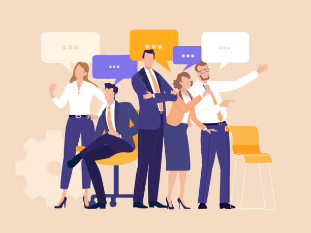 商业协同团队。一群成功的团队成员的合影，周围环绕着齿轮、图表、箭头和对话气泡，象征着协作、战略、沟通和持续的业务增长。图片下载