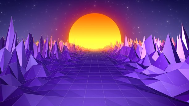 抽象复古风格的80年代、90年代的风景，带有道路、岩石、山脉和太阳，抽象背景图片下载