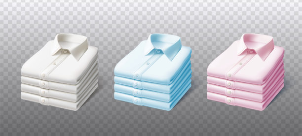 3D写实矢量图标插画。叠放的白色、粉色和蓝色熨烫过的衬衫堆，侧视图。透明背景上分离。图片下载