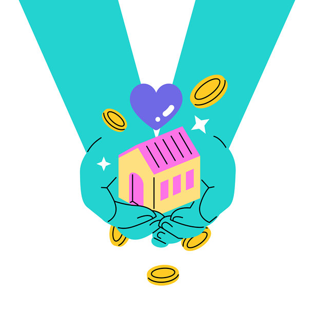 扁平化插画，描绘家庭投资与保护的概念，两只充满关爱的双手托举着小房子，周围漂浮着硬币和爱心符号，象征着房地产金融、住房安全、储蓄、爱、信任、稳定和温暖的情感。图片下载
