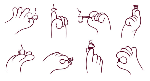 卡通可爱的手拿着咖啡杯、咖啡豆和咖啡制作设备。一套抽象的涂鸦矢量插画手势，适用于贴纸。图片下载