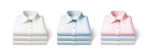 3D写实矢量图标插画。叠放的白色、粉色和蓝色熨烫过的衬衫堆，正面视图。孤立在白色背景上。图片下载