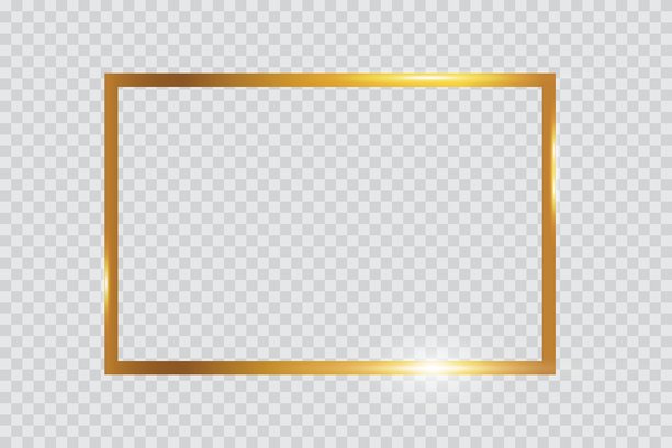 奢华金色矩形边框，带有光泽金属光泽和柔和的光线反射，优雅的装饰边框孤立在透明背景上，非常适合照片、海报、UI布局图片下载