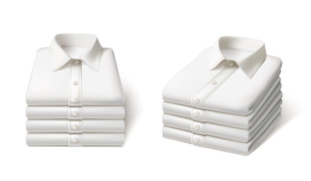 3D逼真矢量图标插画。堆叠的白色熨烫衬衫，包含正面和侧面视图。孤立在白色背景上。图片下载