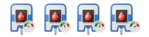 3d 血糖仪图标，带有仪表盘。监测血糖水平的概念。用于糖尿病保健和医疗分析的极简卡通葡萄糖计。孤立在白色透明背景上。3d渲染。图片下载