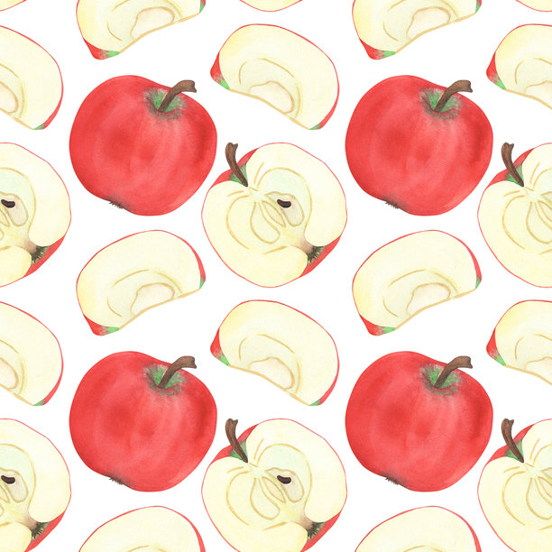 手绘水彩水果无缝图案，包含苹果、苹果切片和苹果半个图片下载