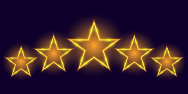 五个霓虹灯星星，黄色的发光图标，矢量插画。图片下载