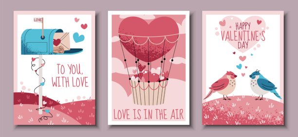 扁平风格的情人节贺卡套组。包含邮箱、情书、心形气球和恩爱鸟。适用于横幅、海报、封面、广告和品牌宣传的模板。图片下载