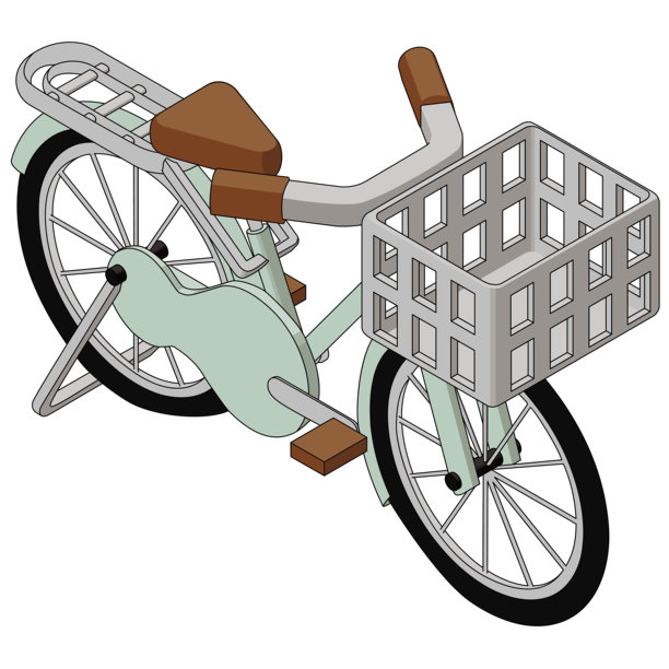 带有前置篮筐的自行车的简约矢量插画。采用等距投影的材质。图片下载