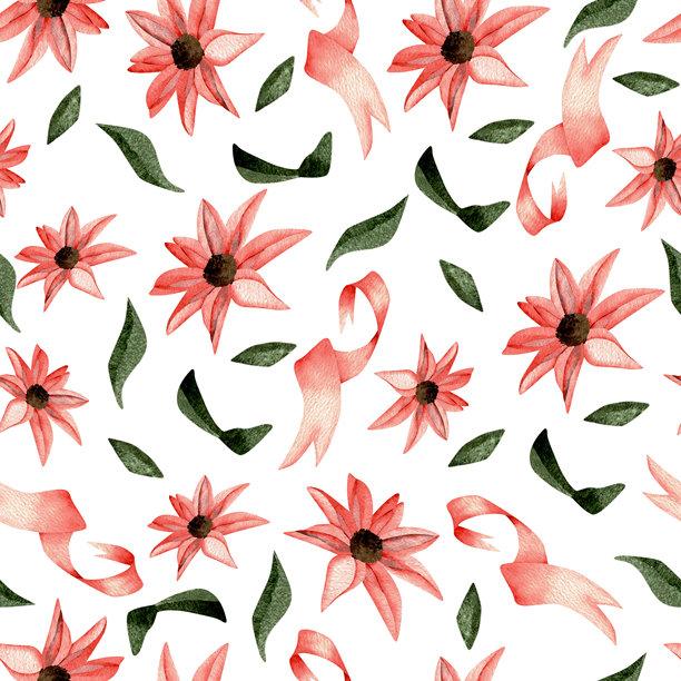 红色的野花、丝带和叶子的无缝图案。植物水彩插画。复古风格的花卉插画。适用于纺织品、封面和背景。图片下载