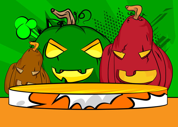 复古漫画背景下，带有杰克灯笼和万圣节南瓜的漫画风格产品展示台，用于模型展示图片下载