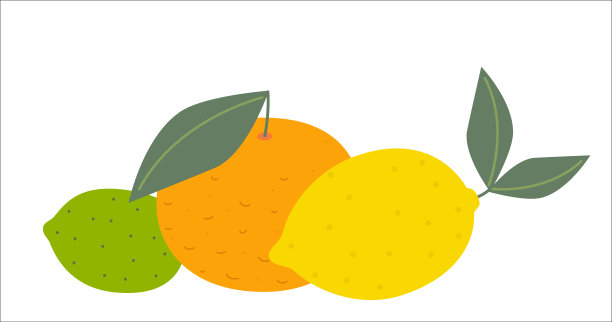 柑橘类水果扁平化插画，背景为白色。包含柠檬、橙子和青柠，带有叶子。简约的食物和新鲜水果概念，适用于设计和印刷。适用于包装、海报、纺织品、壁纸、背景。图片下载