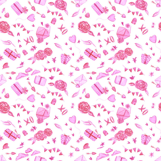 手绘水彩圣瓦伦丁粉色无缝图案。礼物、玫瑰、爱心的插画，孤立在白色背景上。可用于纺织品、布料、剪贴簿和其他印刷产品。图片下载