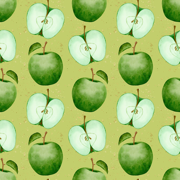 水彩苹果设计，优雅的水彩图案，展示了带有叶子的完整和切片的苹果图片下载