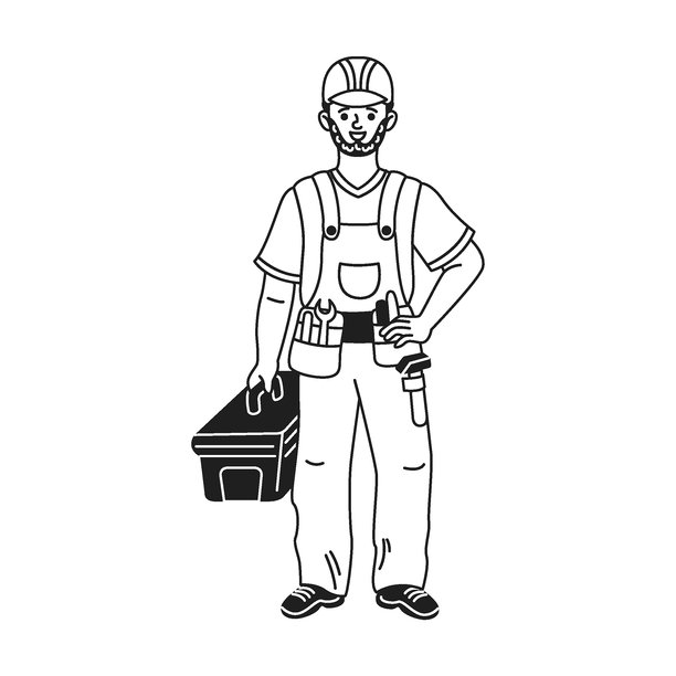 手艺人带着工具箱的黑白插画图片下载