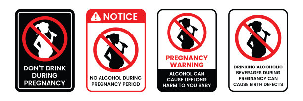 孕期禁酒标识套装，标志，徽章，图标，标签，图章，贴纸，符号，红圈，线条，扁平化矢量图，孤立插画图片下载