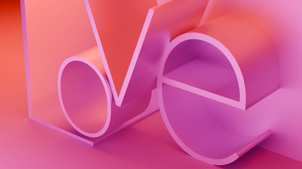 粉色背景上的3D“爱”字。情人节的浪漫概念，3D横幅爱概念插画图片下载