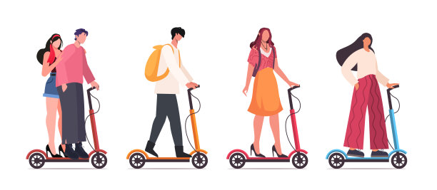 一群年轻人骑着滑板车，在白色背景下孤立。图片下载