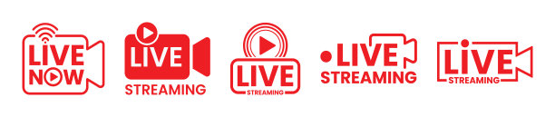 直播图标集，包含按钮、横幅、标签、贴纸和图章，直播和在线视频流符号，观看直播社交媒体标志，矢量插画图片下载