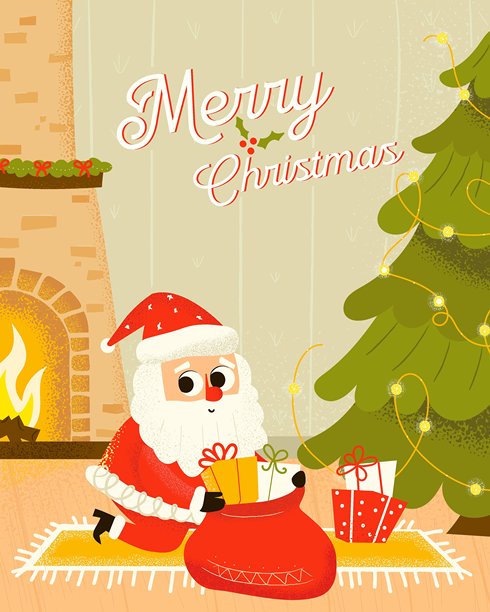 节日圣诞贺卡插画，描绘了舒适的冬季室内场景，配有壁炉、装饰过的圣诞树、礼品盒以及一位快乐的节日角色。采用温暖的季节色彩、手绘风格和带有“圣诞快乐”字样的装饰性字体设计。图片下载