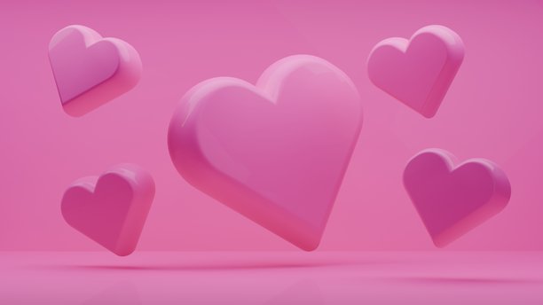 粉色背景上的3D塑料爱心。情人节浪漫概念，3D爱心概念横幅插画图片下载