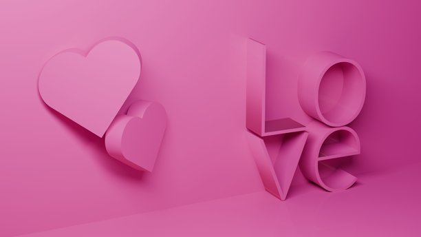粉色背景上的3D“爱”字。情人节的浪漫概念，3D横幅爱情概念插画图片下载