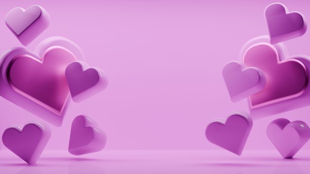 粉色背景上的 3D 塑料心形。情人节浪漫概念，3D 横幅爱情概念插画图片下载