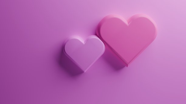 粉色背景上的3D塑料爱心。情人节浪漫概念，3D爱情概念插画横幅图片下载
