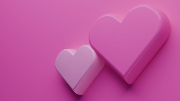 粉色背景上的3D塑料心形。情人节的浪漫概念，3D爱心主题插画横幅图片下载