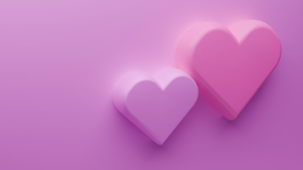 粉色背景上的3D塑料心形。情人节浪漫概念，3D横幅爱情概念插画图片下载