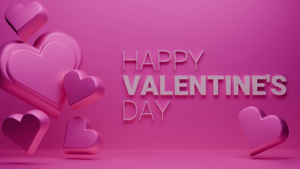 情人节快乐横幅卡片。浪漫的情人节概念，3D爱心概念插画横幅图片下载