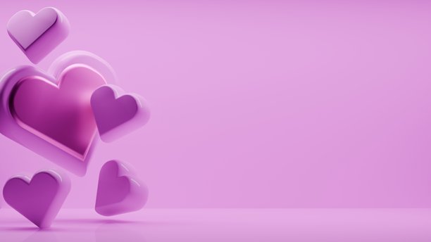 粉色背景上的3D塑料心。情人节浪漫概念，3D横幅爱情概念插画图片下载