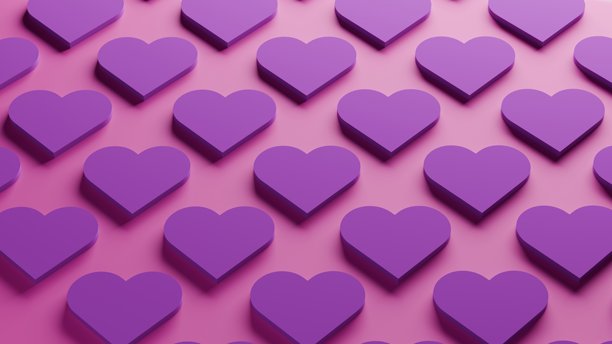 粉色背景上的 3D 塑料心形。情人节浪漫概念，3D 横幅爱情概念插画图片下载
