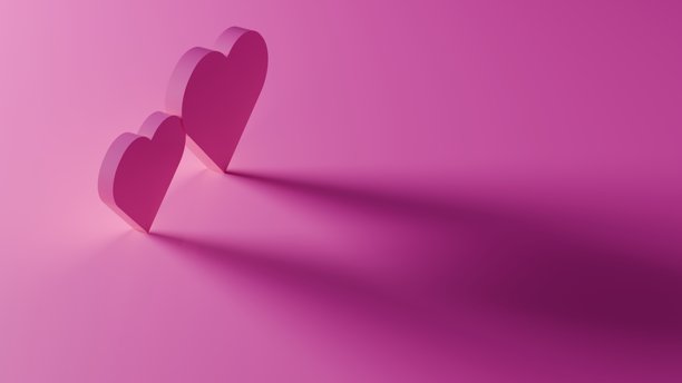 粉色背景上的 3D 塑料心形。情人节的浪漫概念，3D 横幅爱情概念插画图片下载