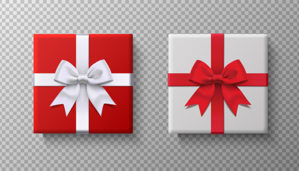 3D写实矢量图标插画。一套红白相间的礼品盒，配有缎带绒面蝴蝶结。图片下载