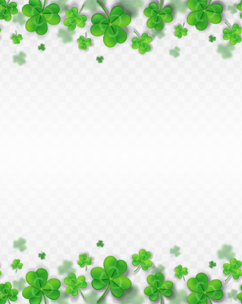 三叶草爱尔兰风格边框的 3D 写实矢量插画。圣帕特里克节背景。飞舞的绿色三叶草，透明背景。图片下载