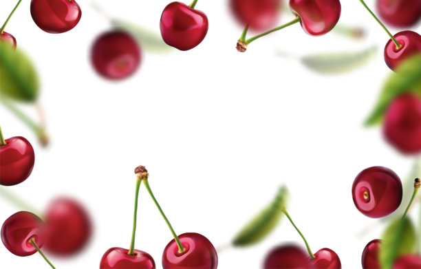 3D写实矢量图标插画。带柄带叶或不带柄带叶的新鲜红樱桃。图案边框。图片下载