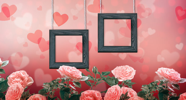 带有心形散景和复制空间的背景上的玫瑰花，配有两个相框模型的情人节贺卡，节日照片模板。图片下载