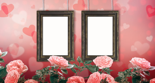 情人节卡片，带有两个相框模型和玫瑰花，背景带有心形散景和复制空间，节日照片模板。图片下载