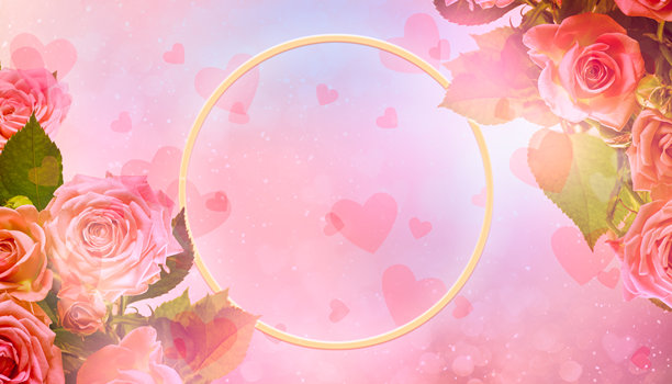 粉色背景上带有圆形边框和玫瑰花的が表示情人节祝福的卡片，带有心形散景和复制空间，节日模板横幅，留有空白位置。图片下载